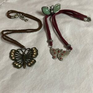 Butterfly jewelry lot.  2 necklaces and a ring